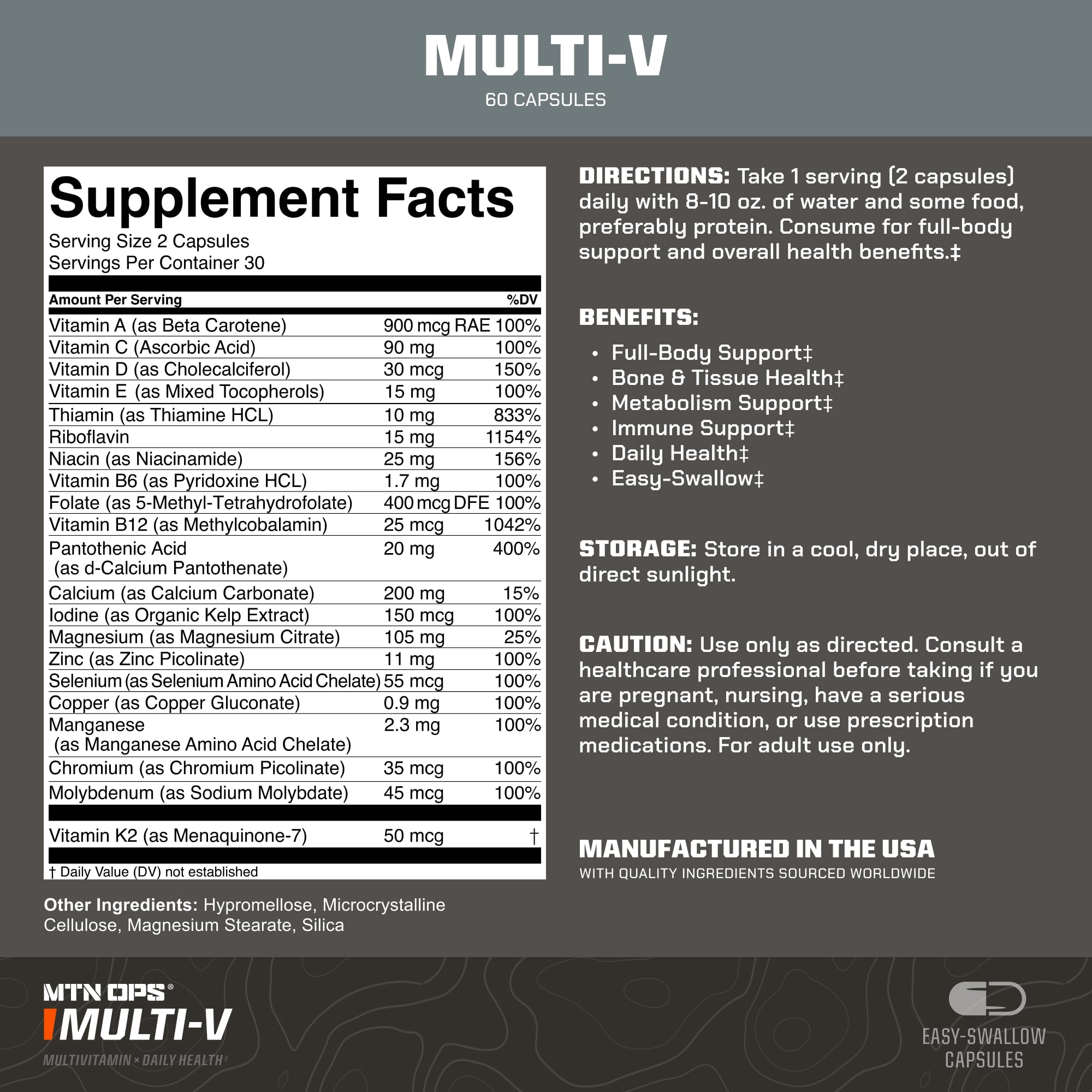 Close-up of MTN OPS Multi-V capsules inside bottle