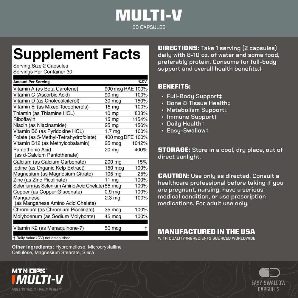 Close-up of MTN OPS Multi-V capsules inside bottle