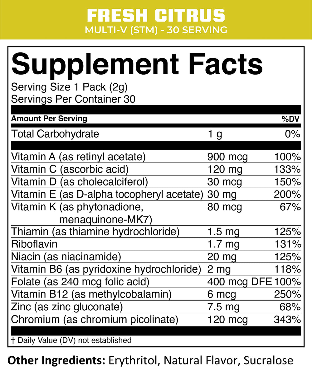 Close-up of MTN OPS Multi-V label and ingredients