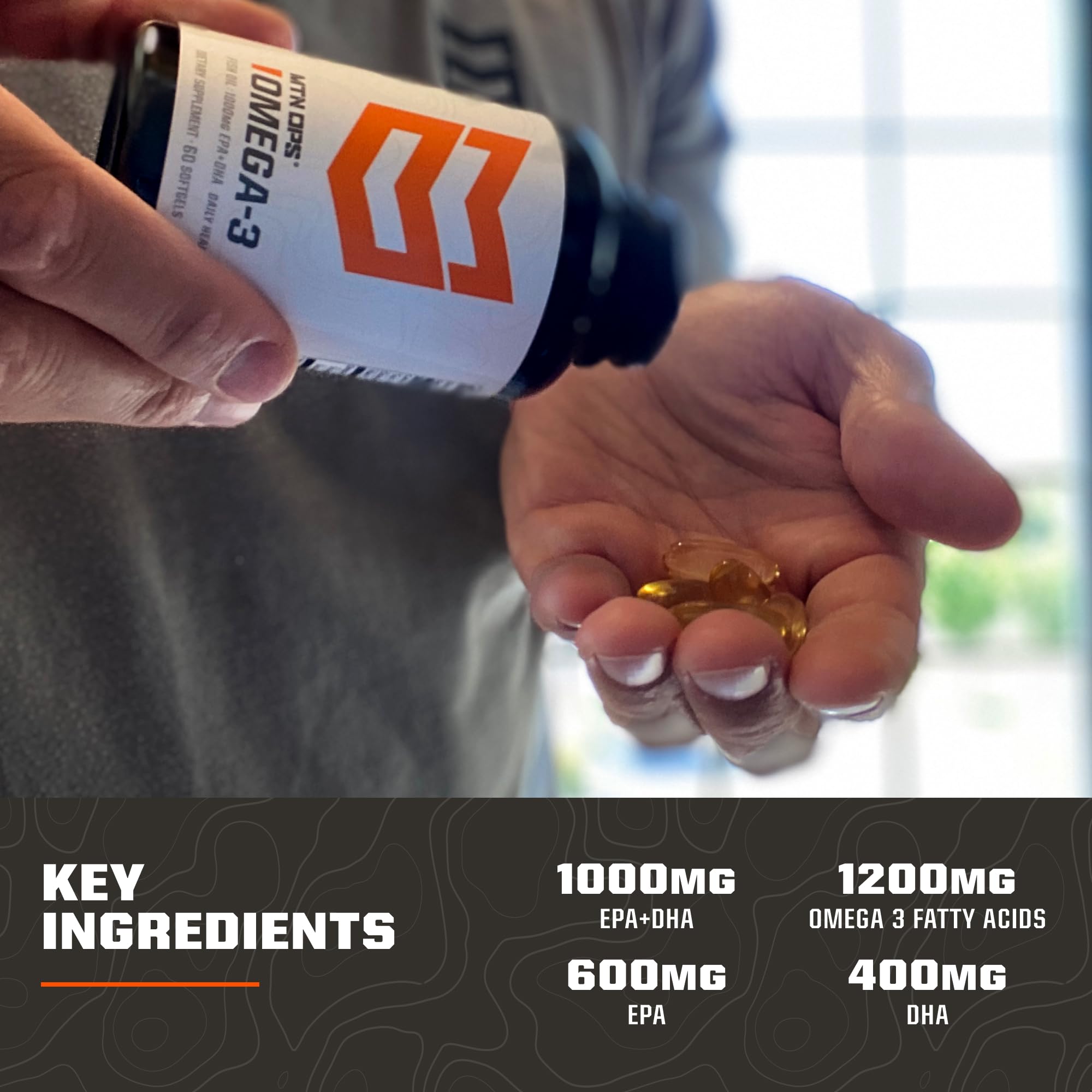 MTN OPS Omega-3 gluten-free formula on packaging highlighting purity.