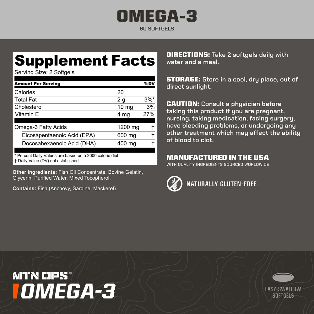 MTN OPS Omega-3 softgels ready to take, supports daily heart and brain wellness.