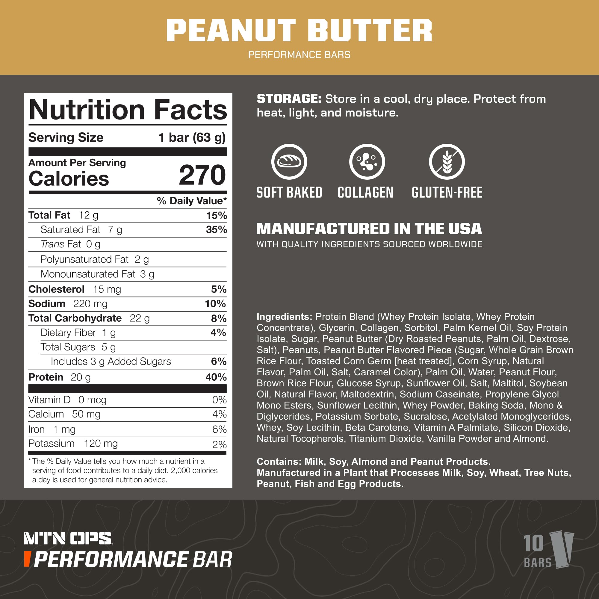 MTN OPS Peanut Butter Bliss bar nutrition panel shows 20g protein for workout recovery.