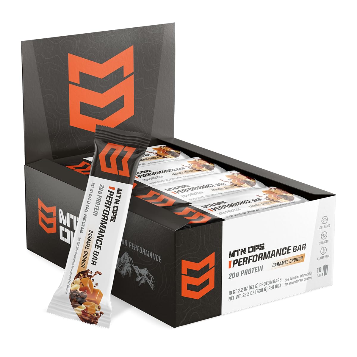MTN OPS Protein Bars Caramel Crunch bar on bench for workouts energy