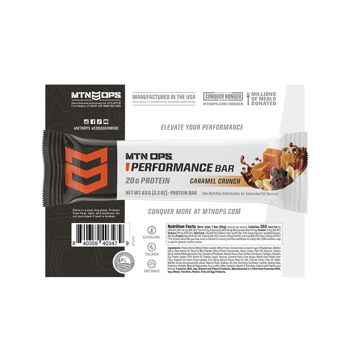 MTN OPS Caramel Crunch Protein Bar cross-section shows chewy texture