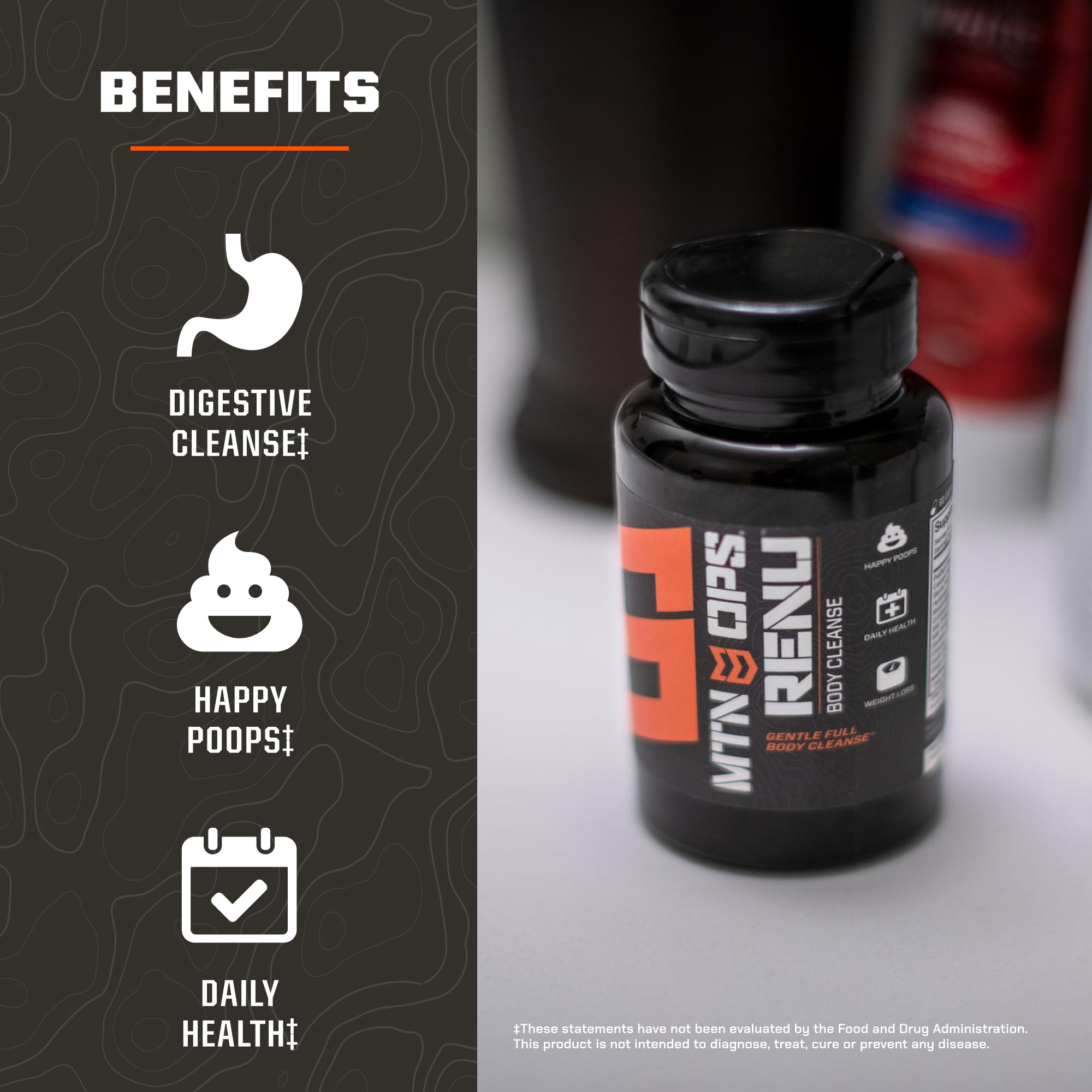 MTN OPS Renu label closeup highlighting gluten-free formula and digestive wellness.