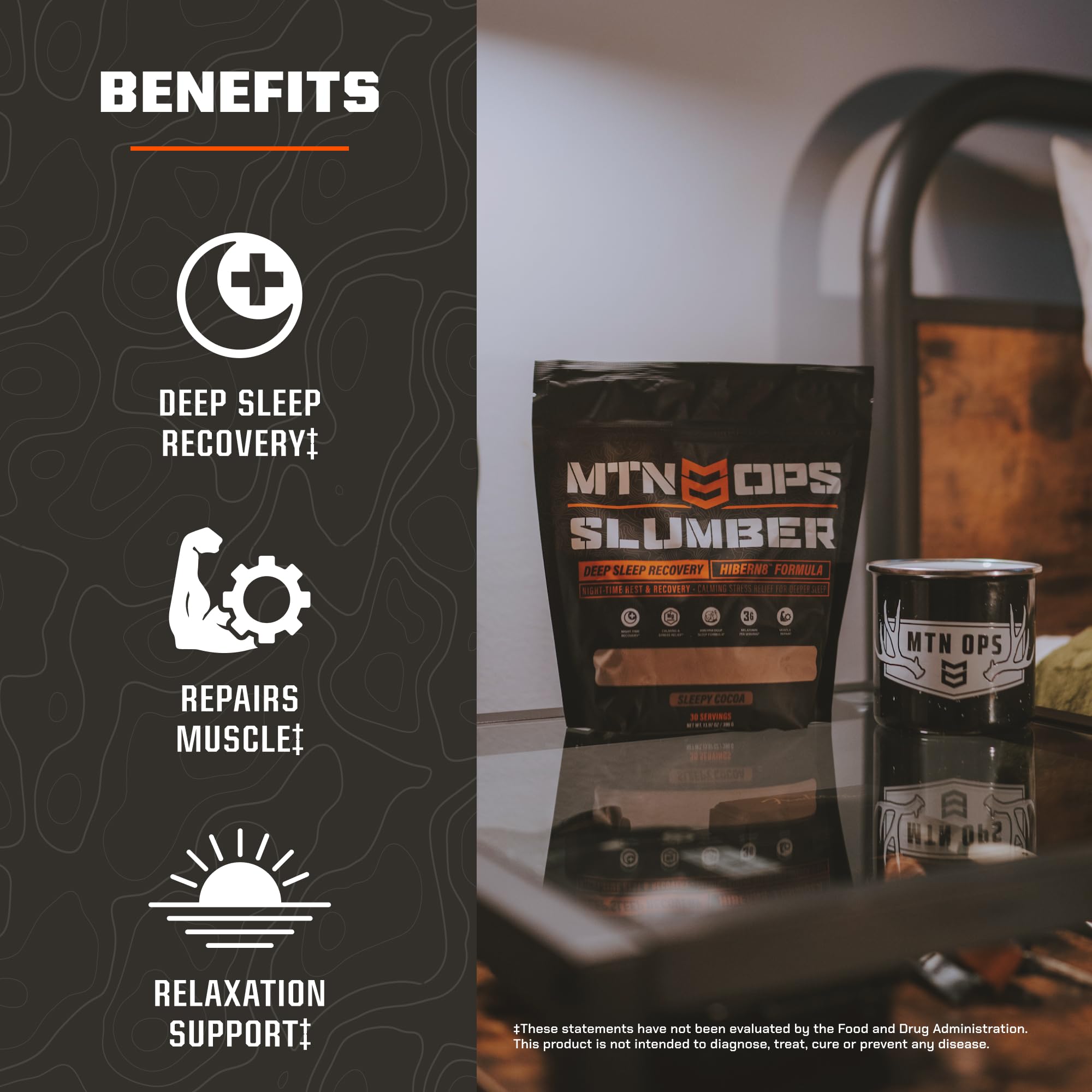 MTN OPS Slumber mug with steam evokes a calming routine.