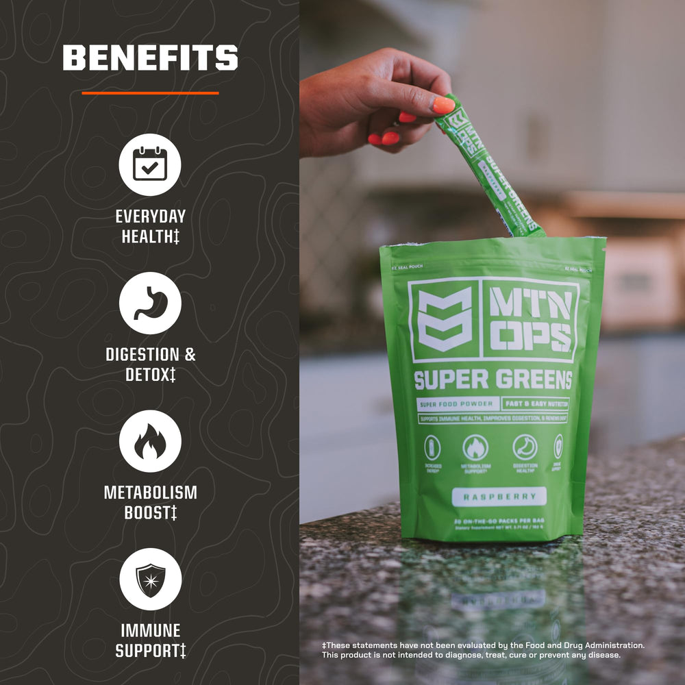 MTN OPS Super Greens dissolve in water for a raspberry flavored sip.