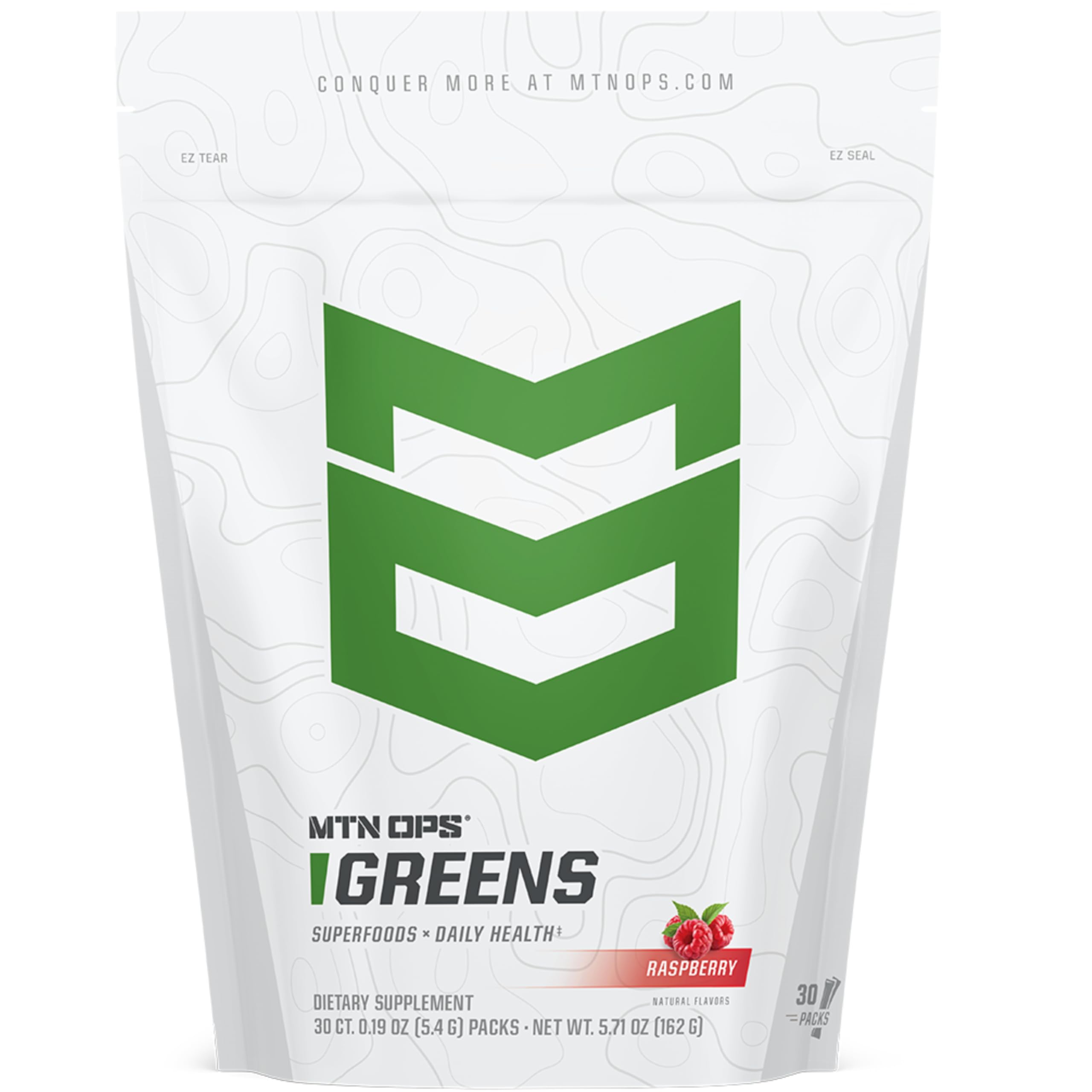 MTN OPS Super Greens front packaging highlighting organic greens and travel-friendly design.