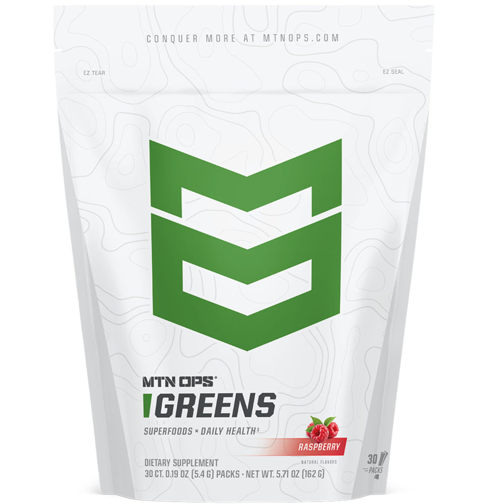 MTN OPS Super Greens front packaging highlighting organic greens and travel-friendly design.
