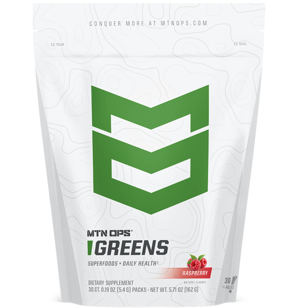 MTN OPS Super Greens front packaging highlighting organic greens and travel-friendly design.