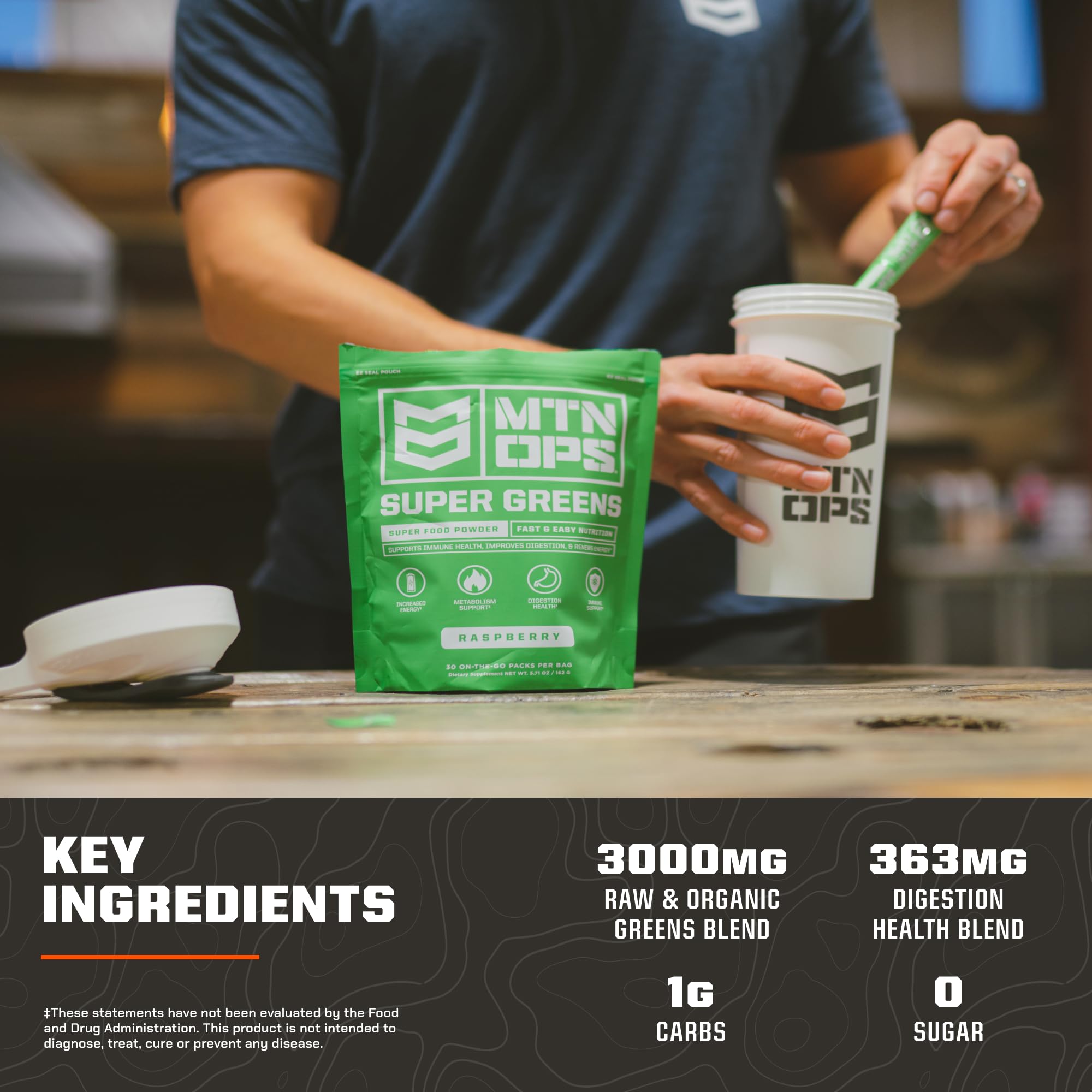 MTN OPS Super Greens raspberry flavor close-up ready to mix for easy hydration boost.