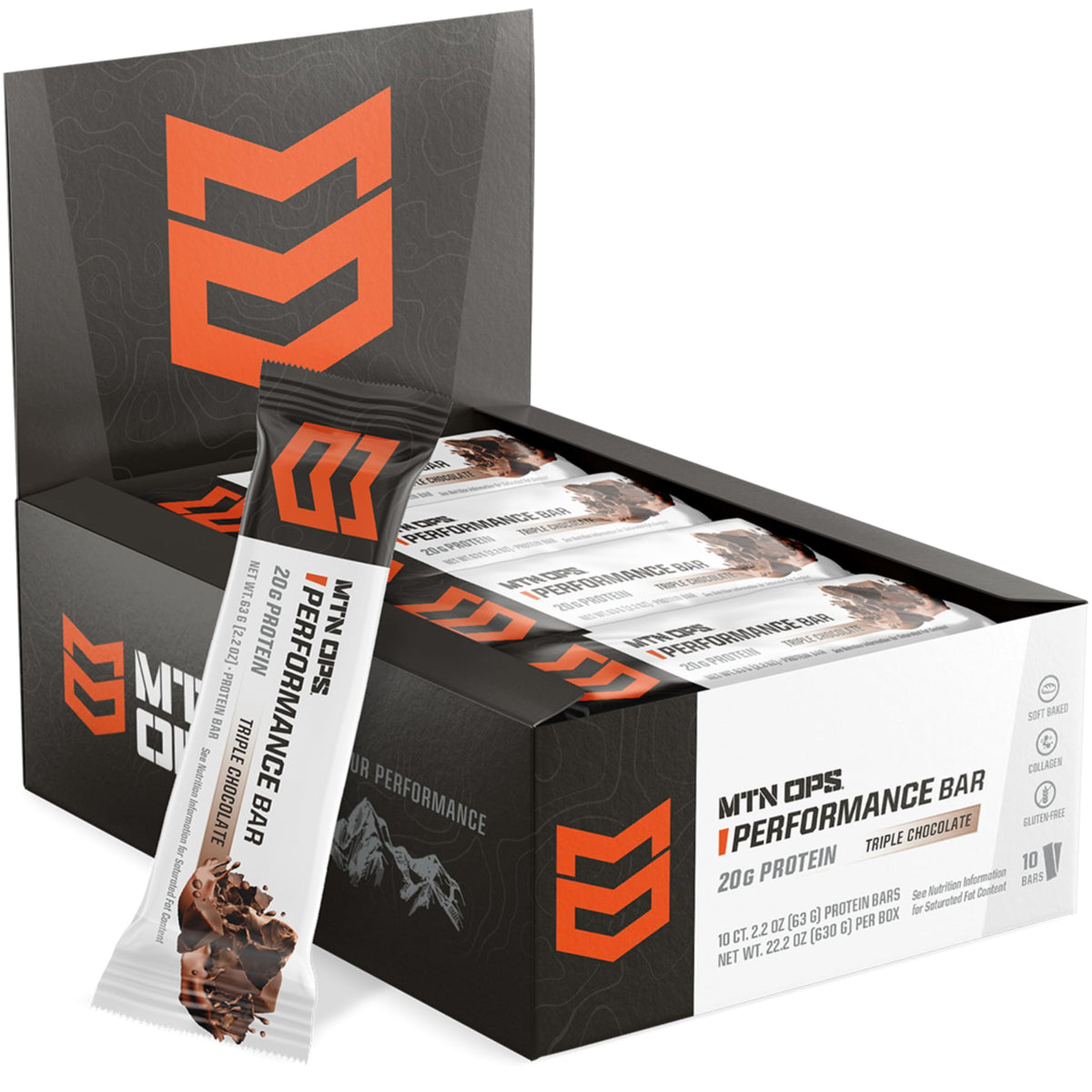 MTN OPS Triple Chocolate Mudslide bar packaging showcases a protein-forward snack