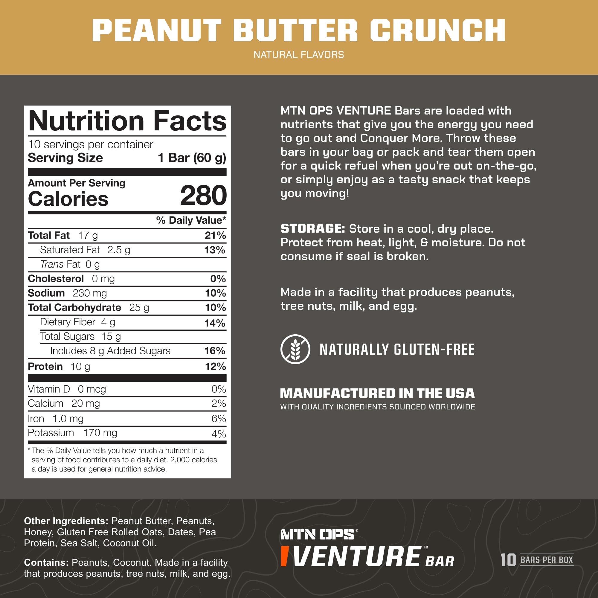 MTN OPS Venture Bar gluten-free label highlighting clean ingredients and reliable daily fuel