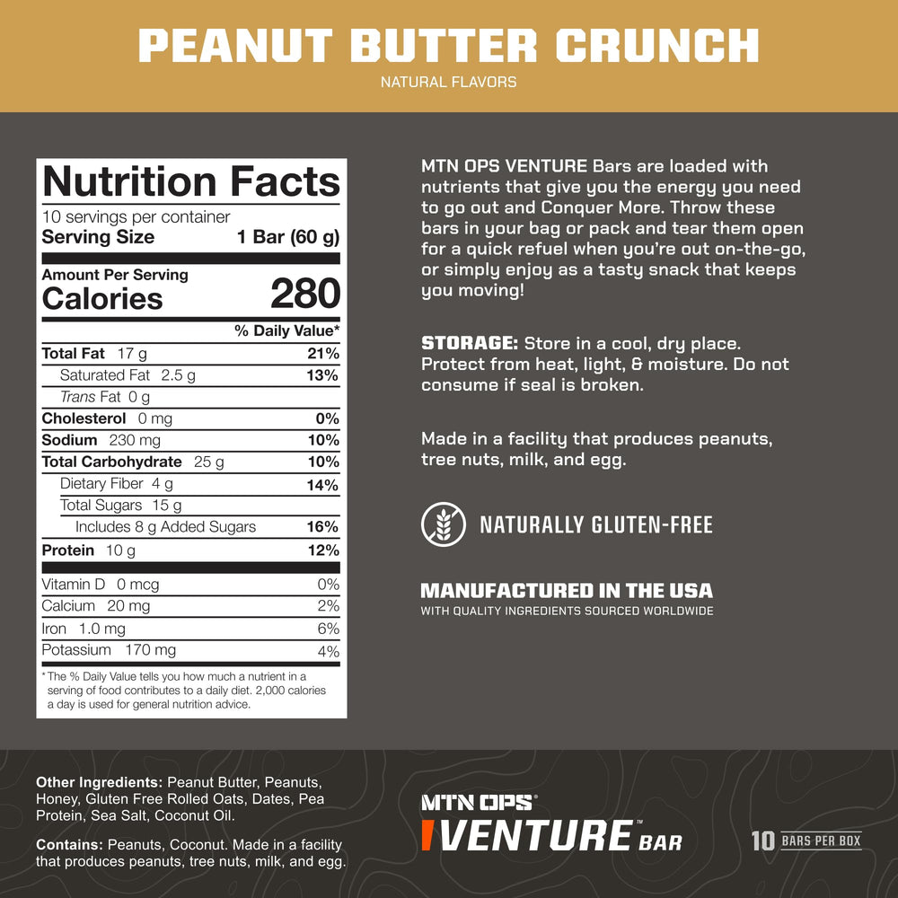 MTN OPS Venture Bar gluten-free label highlighting clean ingredients and reliable daily fuel