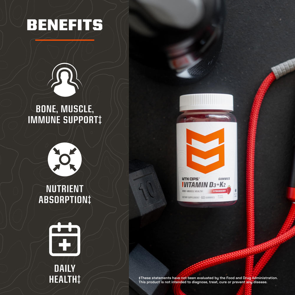 MTN OPS Vitamin D3 K2 Gummies on desk scene highlights easy daily strawberry supplementation