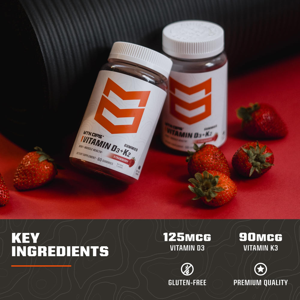 MTN OPS Vitamin D3 K2 Gummies close-up label reveals natural strawberry flavor