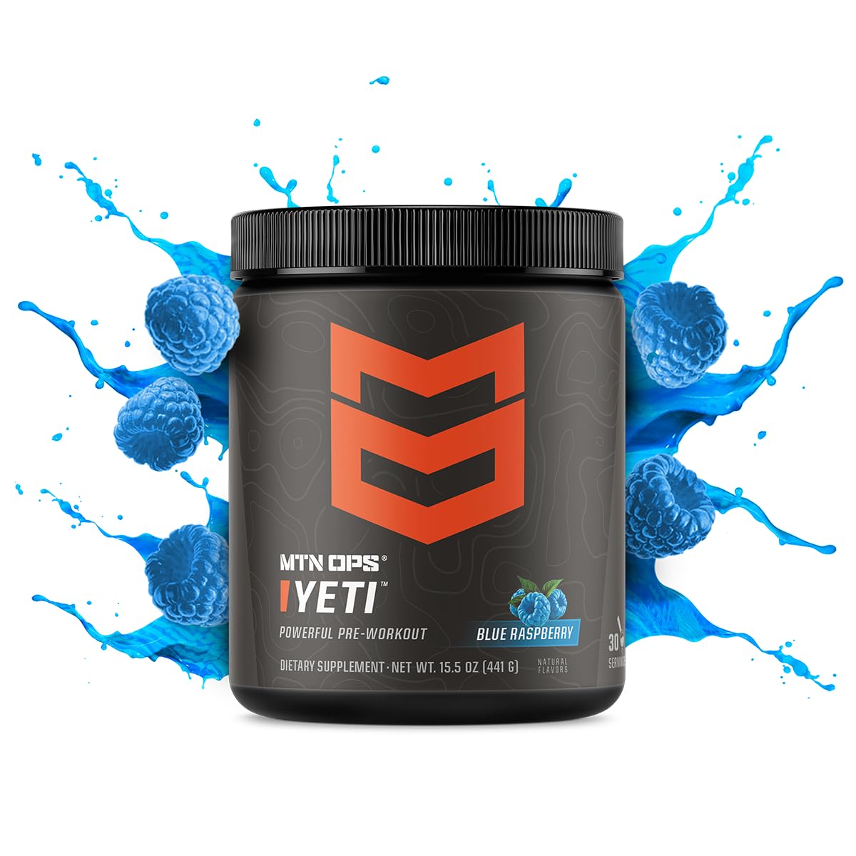 MTN OPS YETI blue raspberry tub back label highlights ingredients and gluten-free claim