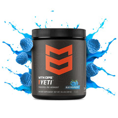MTN OPS YETI blue raspberry tub back label highlights ingredients and gluten-free claim
