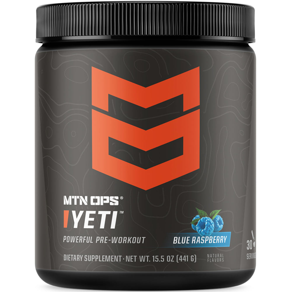 MTN OPS YETI blue raspberry tub front showing vibrant packaging for an energizing pre-workout
