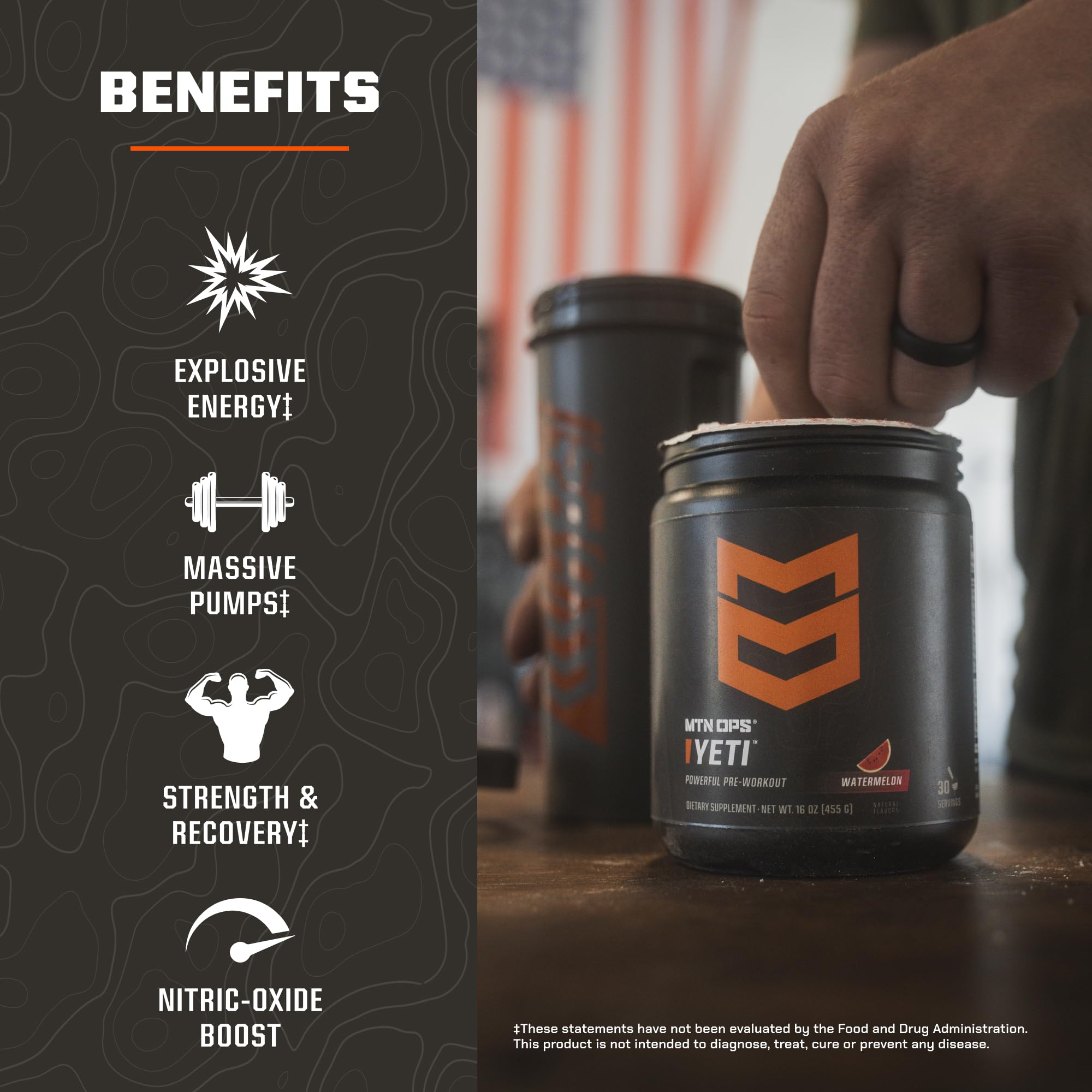 MTN OPS YETI tiger's-blood flavor label emphasizing tasty pre-workout flavor