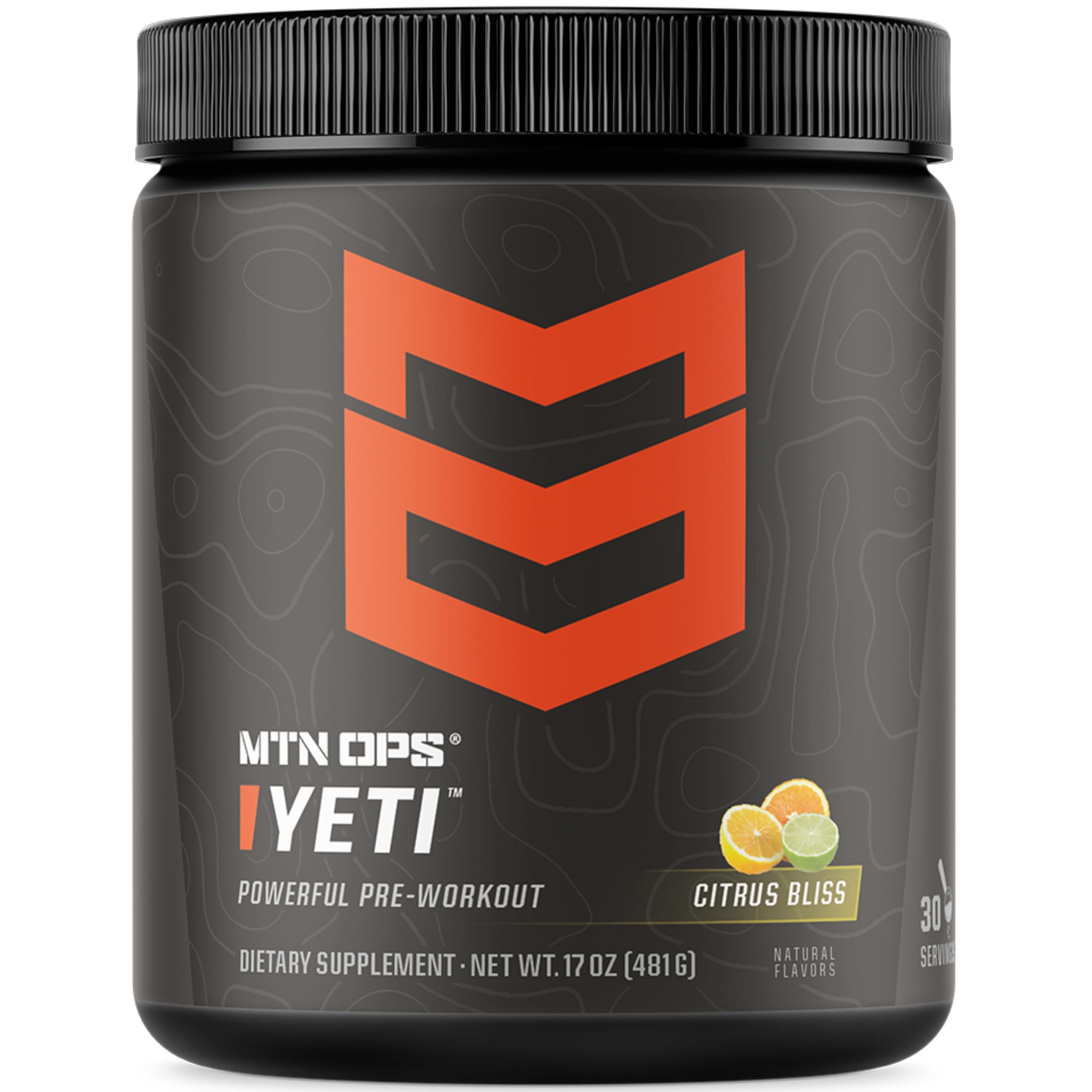 MTN OPS YETI tub closeup highlighting premium pre-workout energy for workouts.