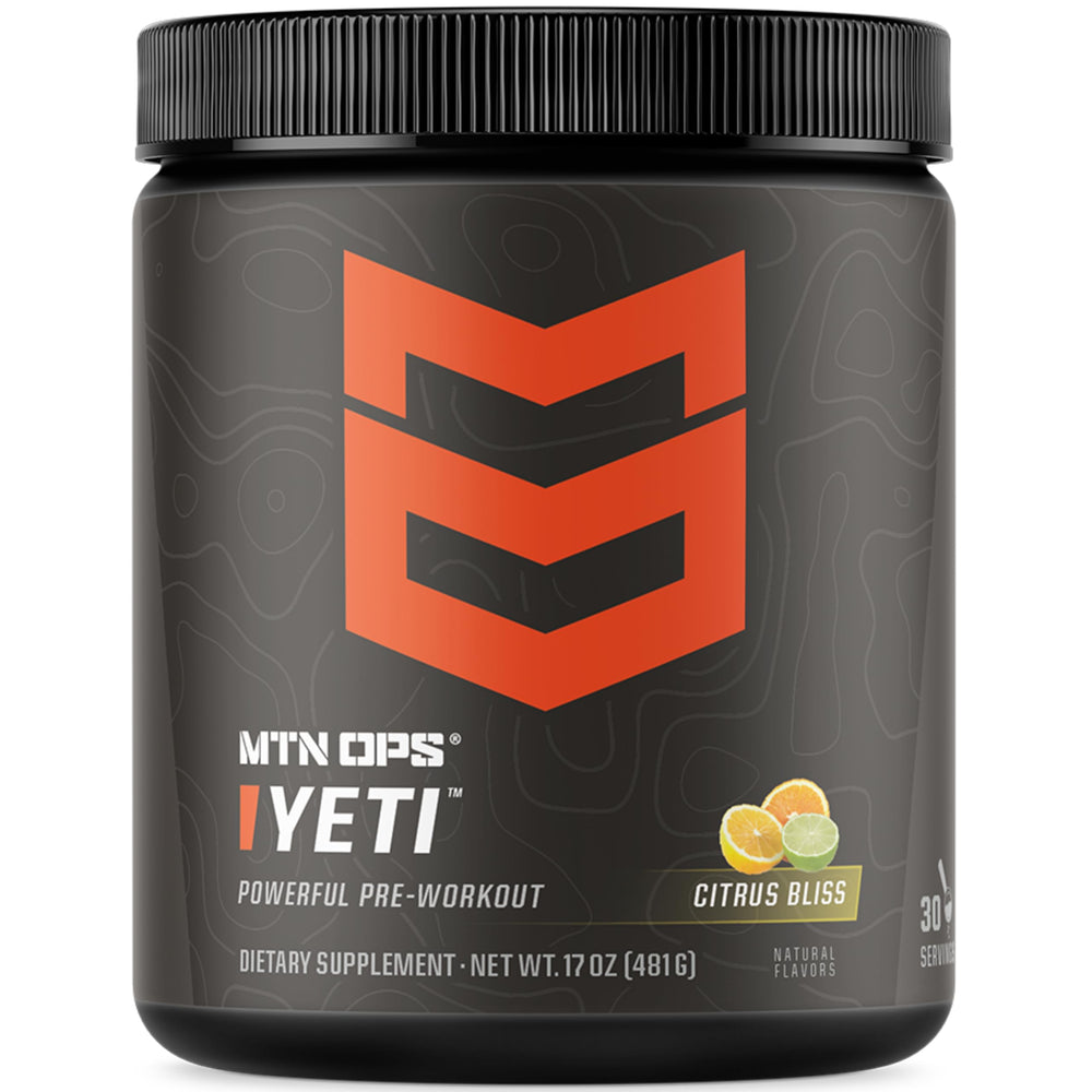 MTN OPS YETI tub closeup highlighting premium pre-workout energy for workouts.