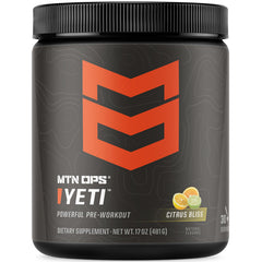MTN OPS YETI tub closeup highlighting premium pre-workout energy for workouts.