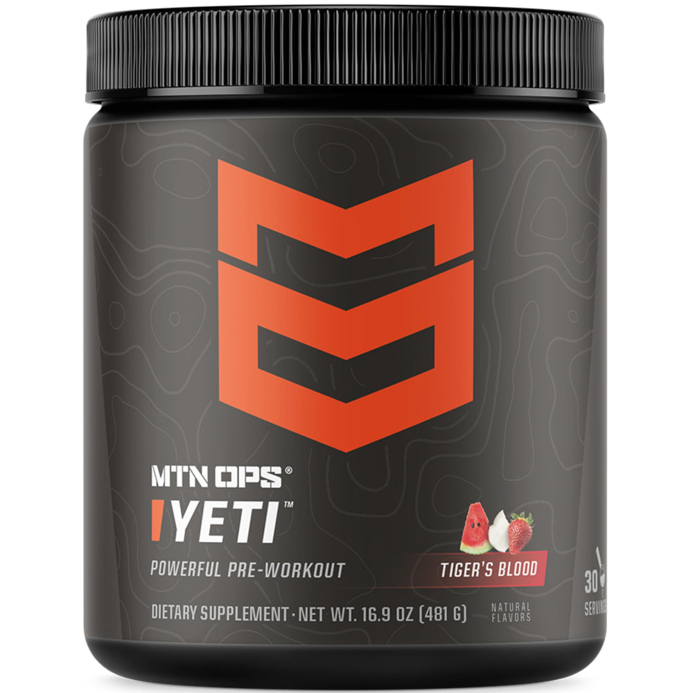 MTN OPS YETI tub front showing premium pre-workout packaging for energy boost