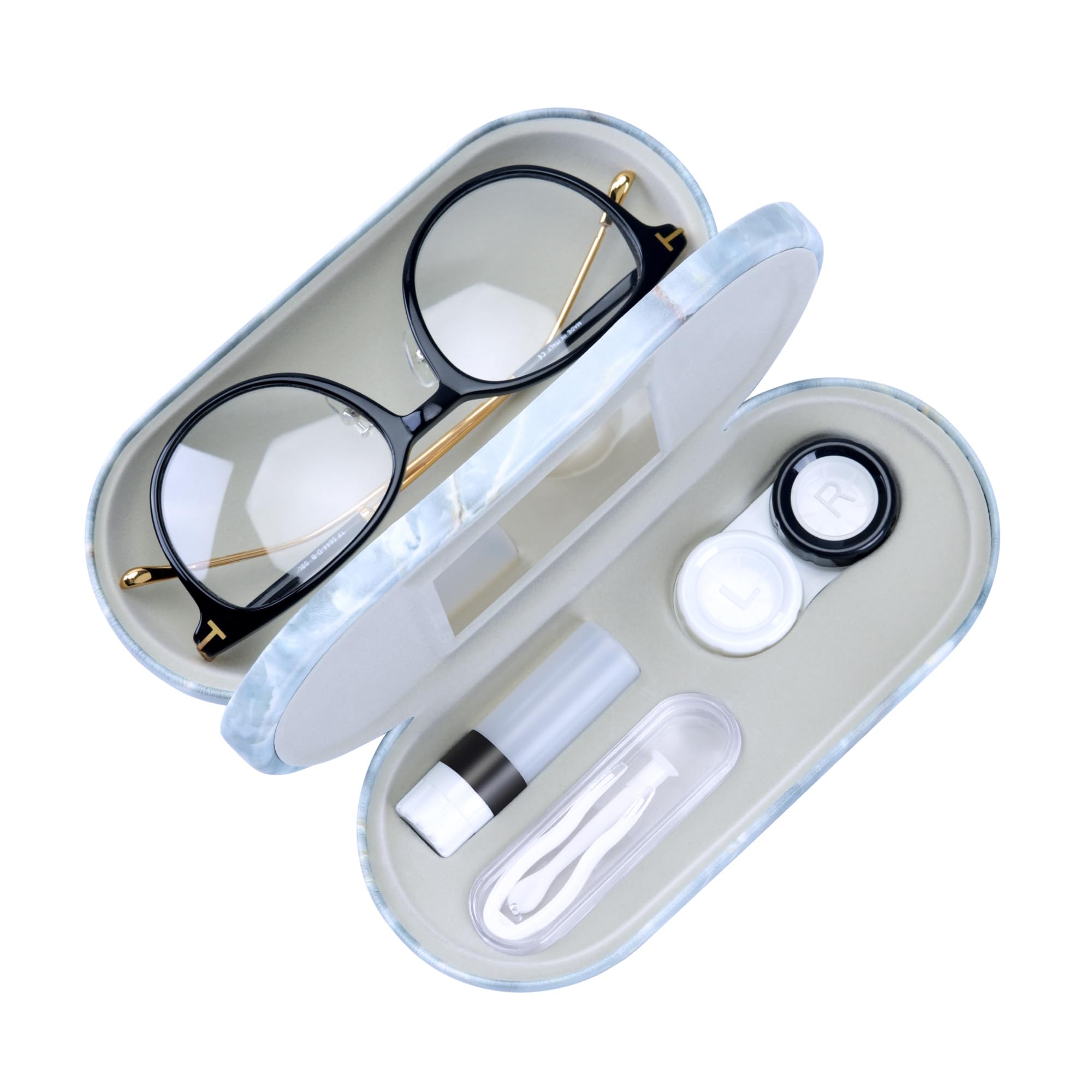 Muf 2 in 1 case with dual sides for glasses and lenses, compact and organized.