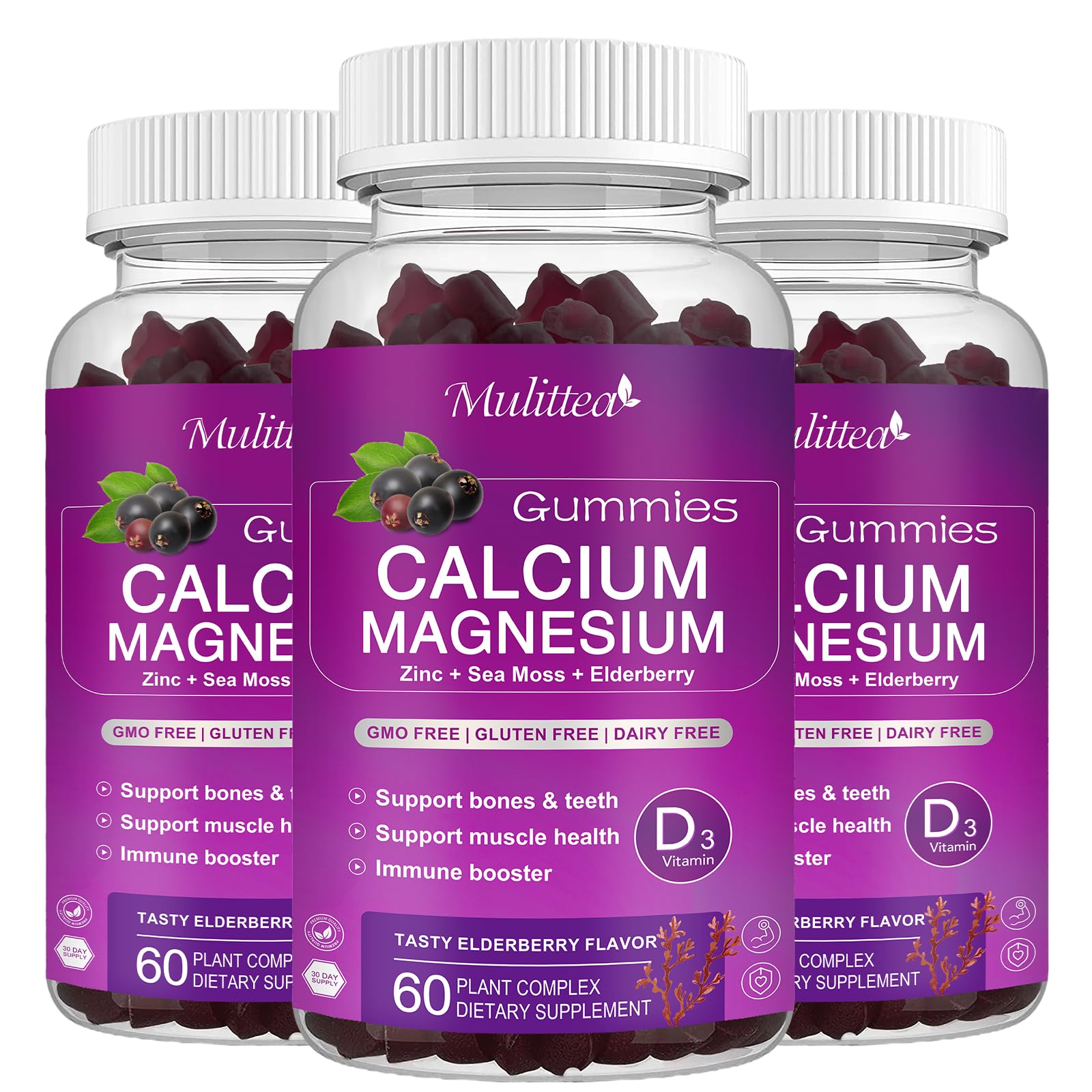 Mulittea calcium magnesium zinc gummies elderberry bottle promotes daily bone and muscle support.