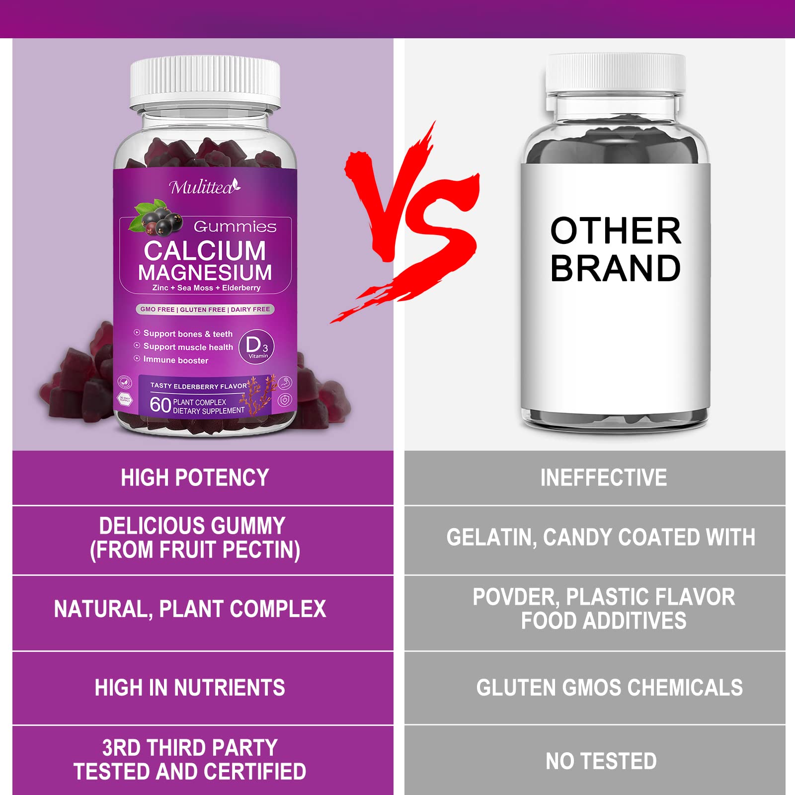 Mulittea gummies on white surface signaling support for sleep and calm mood.