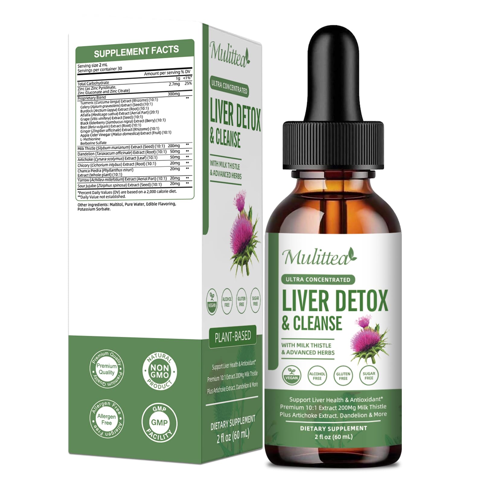 Mulittea Liver Health Drops bottle promoting liver support and detox potential