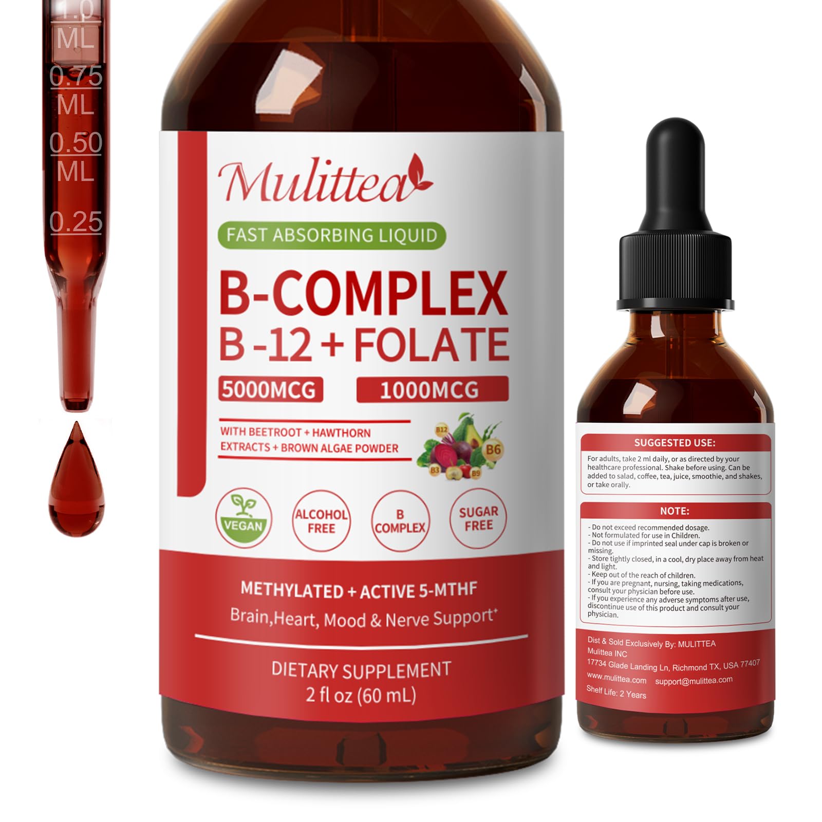 Mulittea Methylated B Complex bottle-pour shows quick-uptake liquid drops.