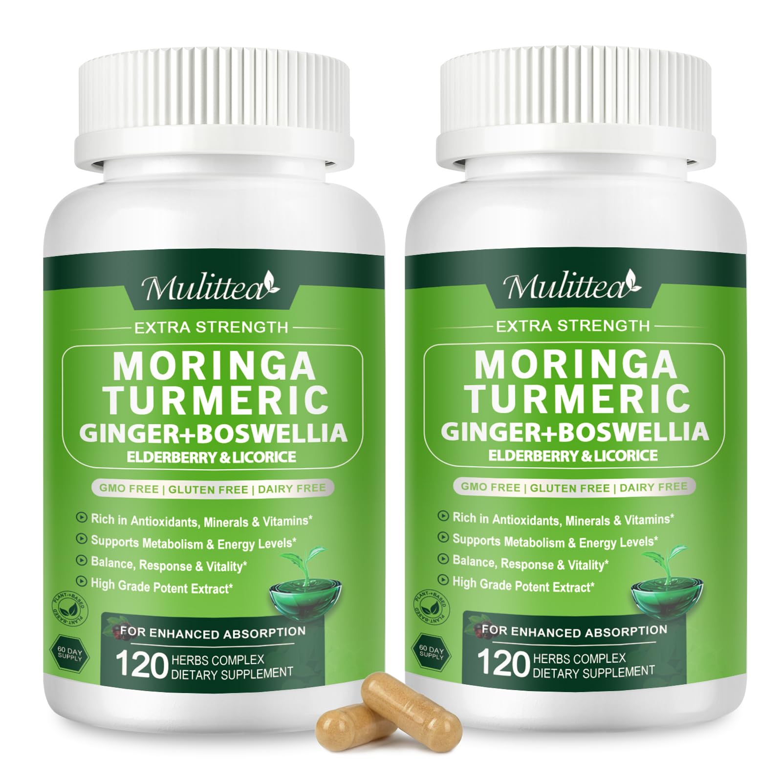 Mulittea Moringa capsules bottle front showcases a 7-in-1 blend for daily wellness.