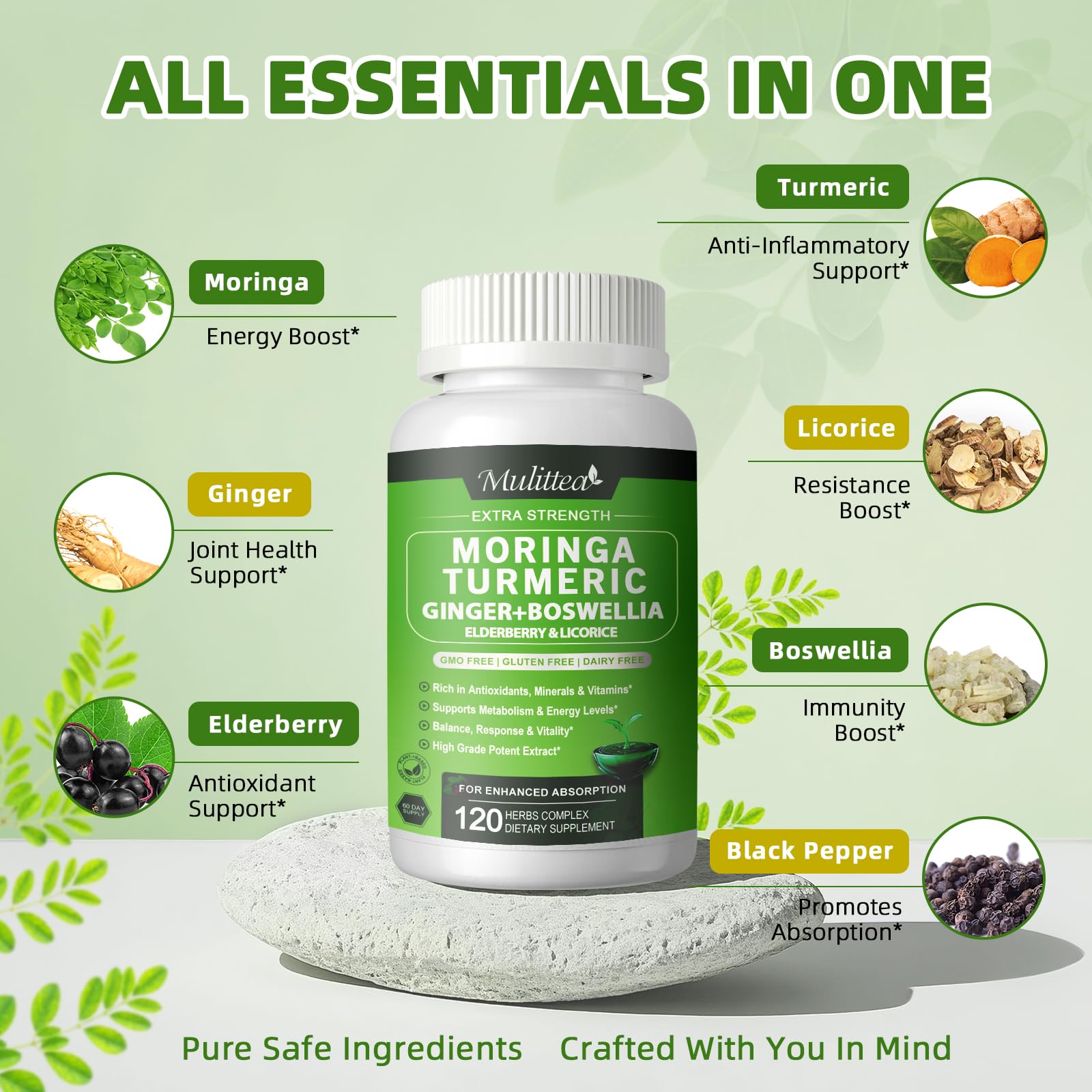 Mulittea Moringa Capsules bottle label highlights turmeric, ginger, and elderberry blend benefits.