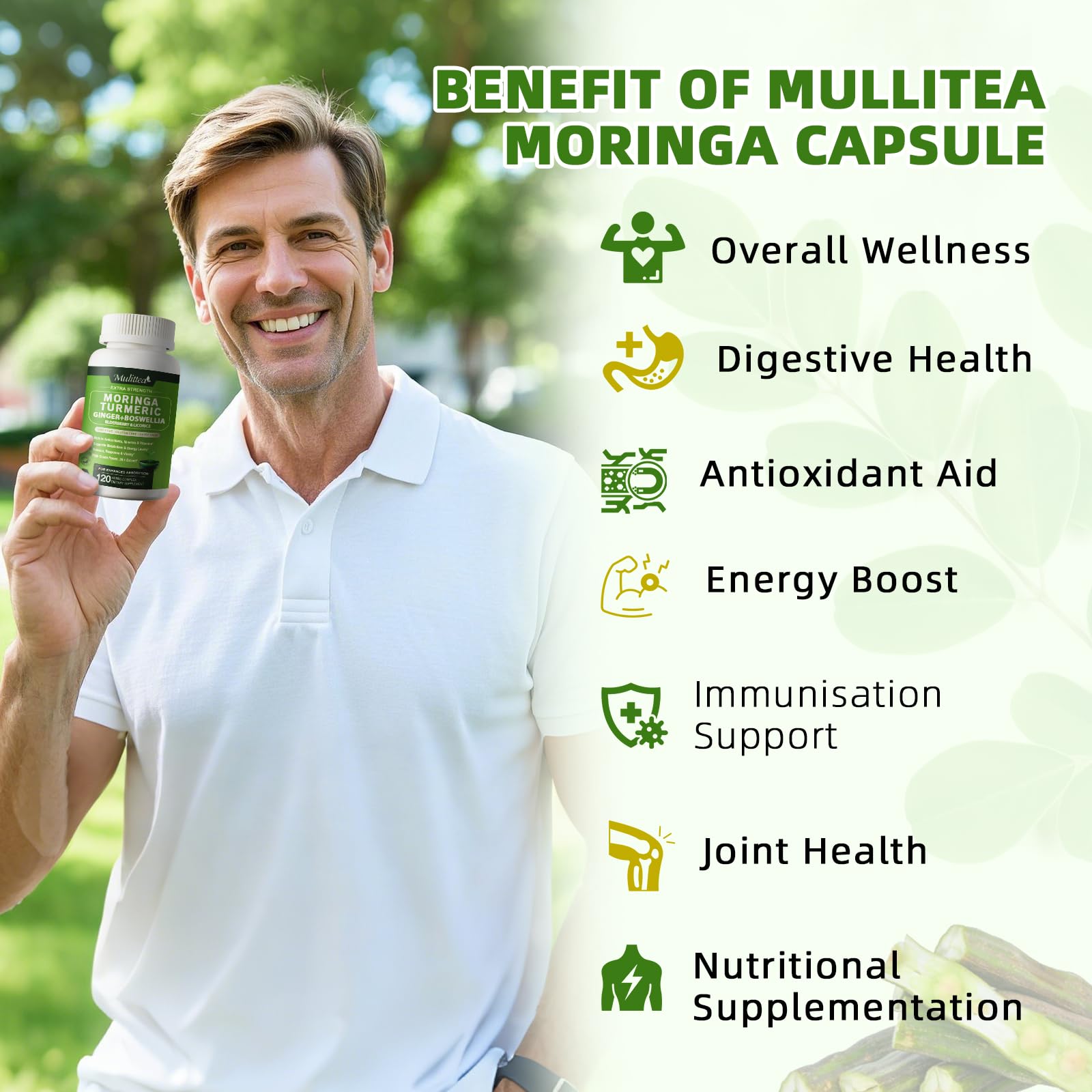 Mulittea Moringa capsules ingredients blend features turmeric, ginger, elderberry for antioxidant support.