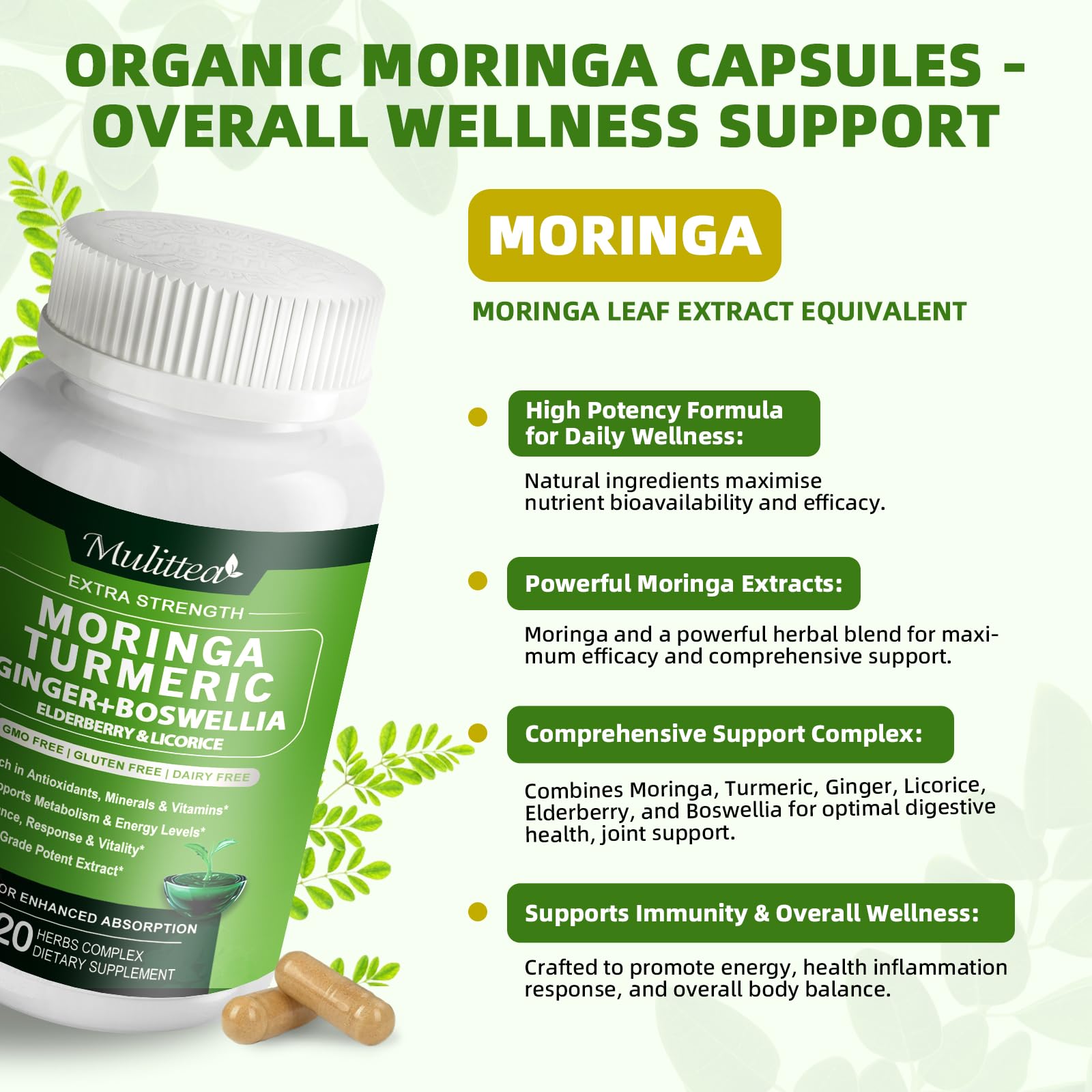 Mulittea Moringa Capsules ingredients panel lists all-natural, non-GMO components for clean nutrition.