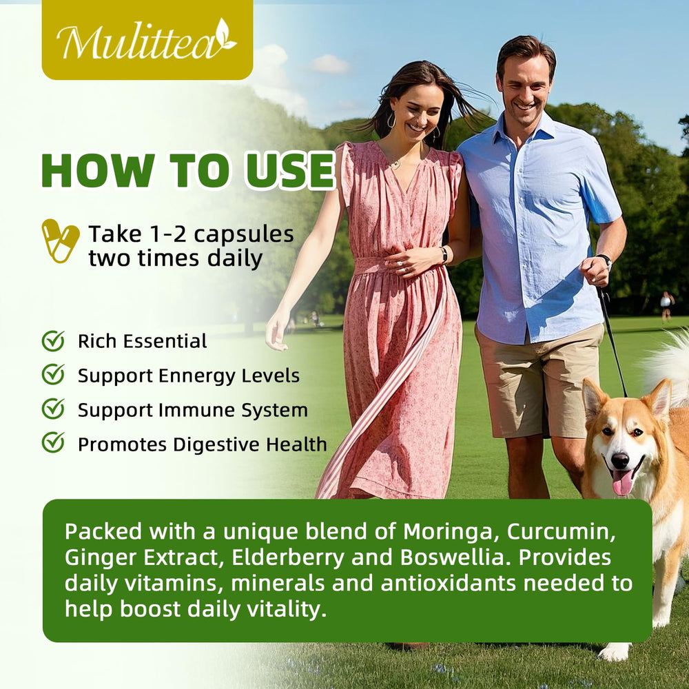 Mulittea Moringa capsules packaging closeup signals GMP certification and plant-based wellness.