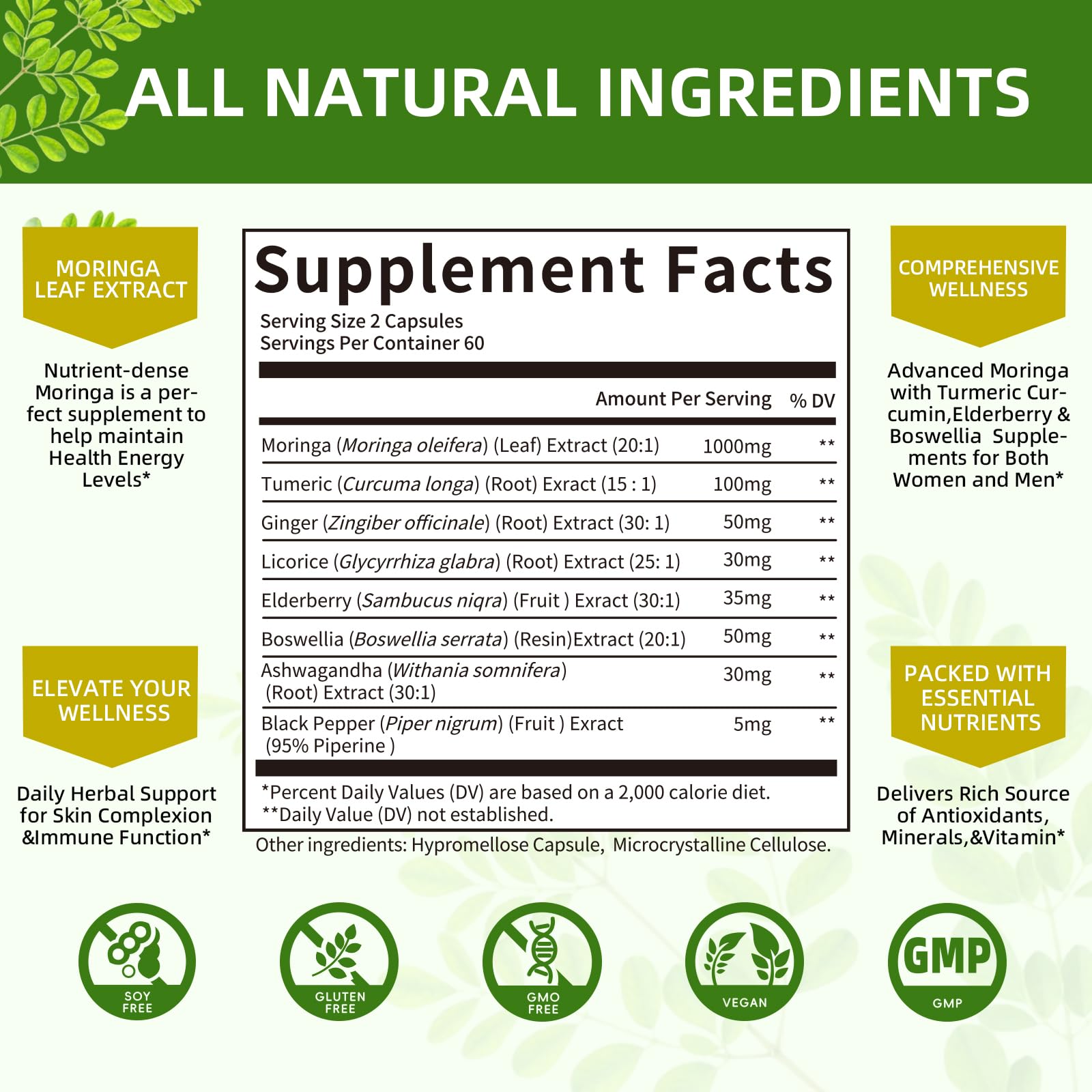 Mulittea Moringa vegan capsules emphasize plant-based lifestyle and purity.