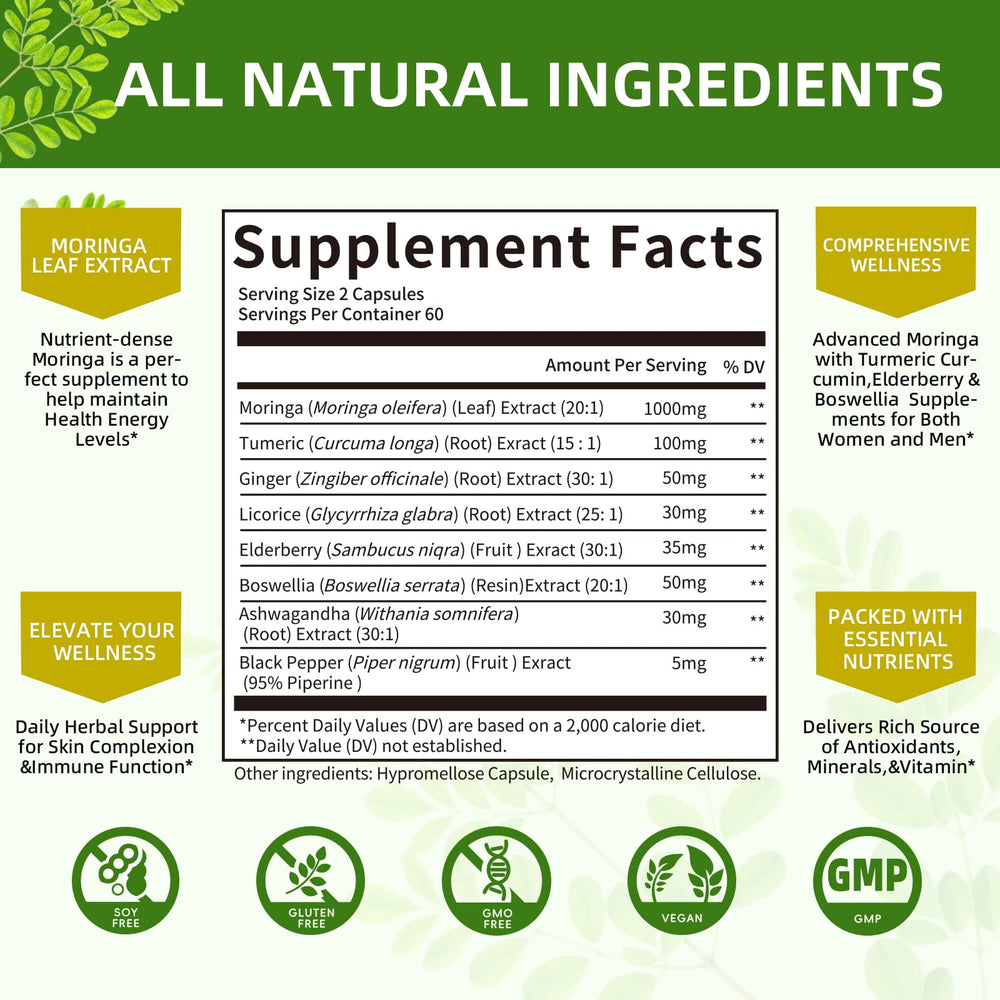 Mulittea Moringa vegan capsules emphasize plant-based lifestyle and purity.