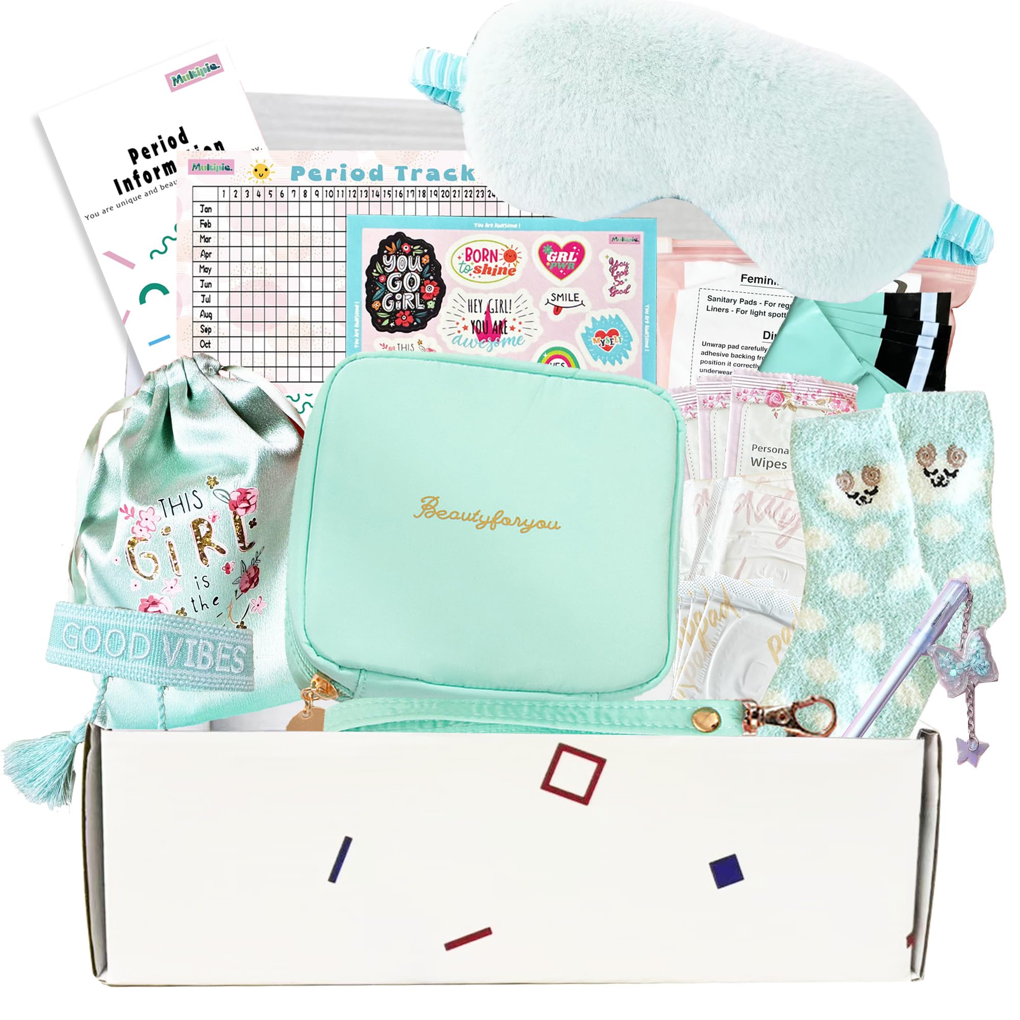 Multipieyo first-period kit mint bag open shows tidy starter set for teens.