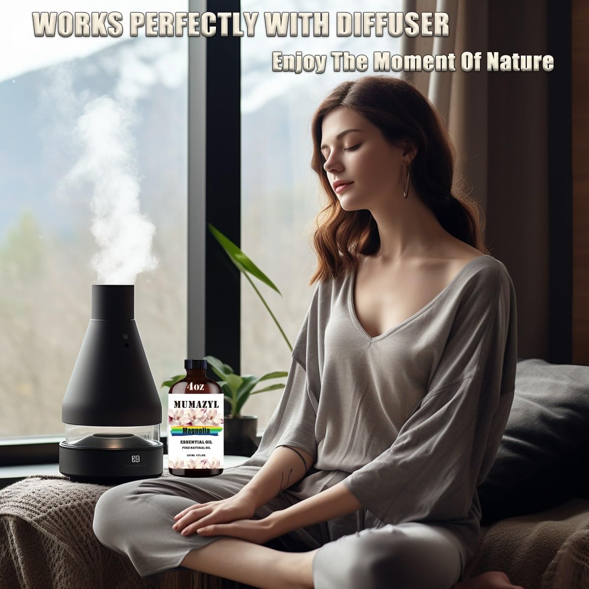 MUMAZYL difusor en casa con aceite de magnolia para un ambiente relajante.