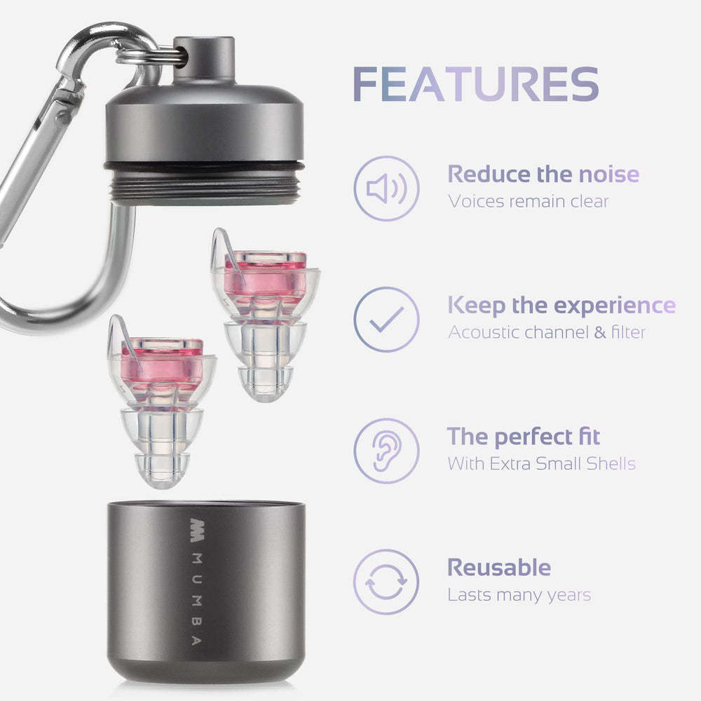 Mumba aluminum container with carabiner keeps earplugs handy.