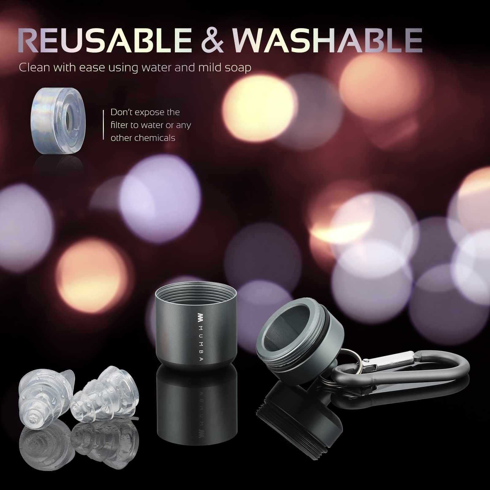 Mumba earplugs in travel case with carabiner offer quick access on the go
