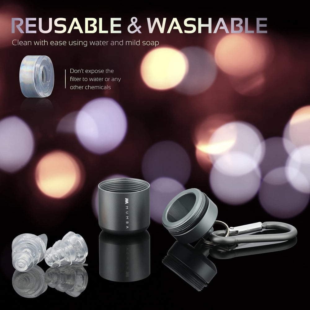 Mumba earplugs in travel case with carabiner offer quick access on the go