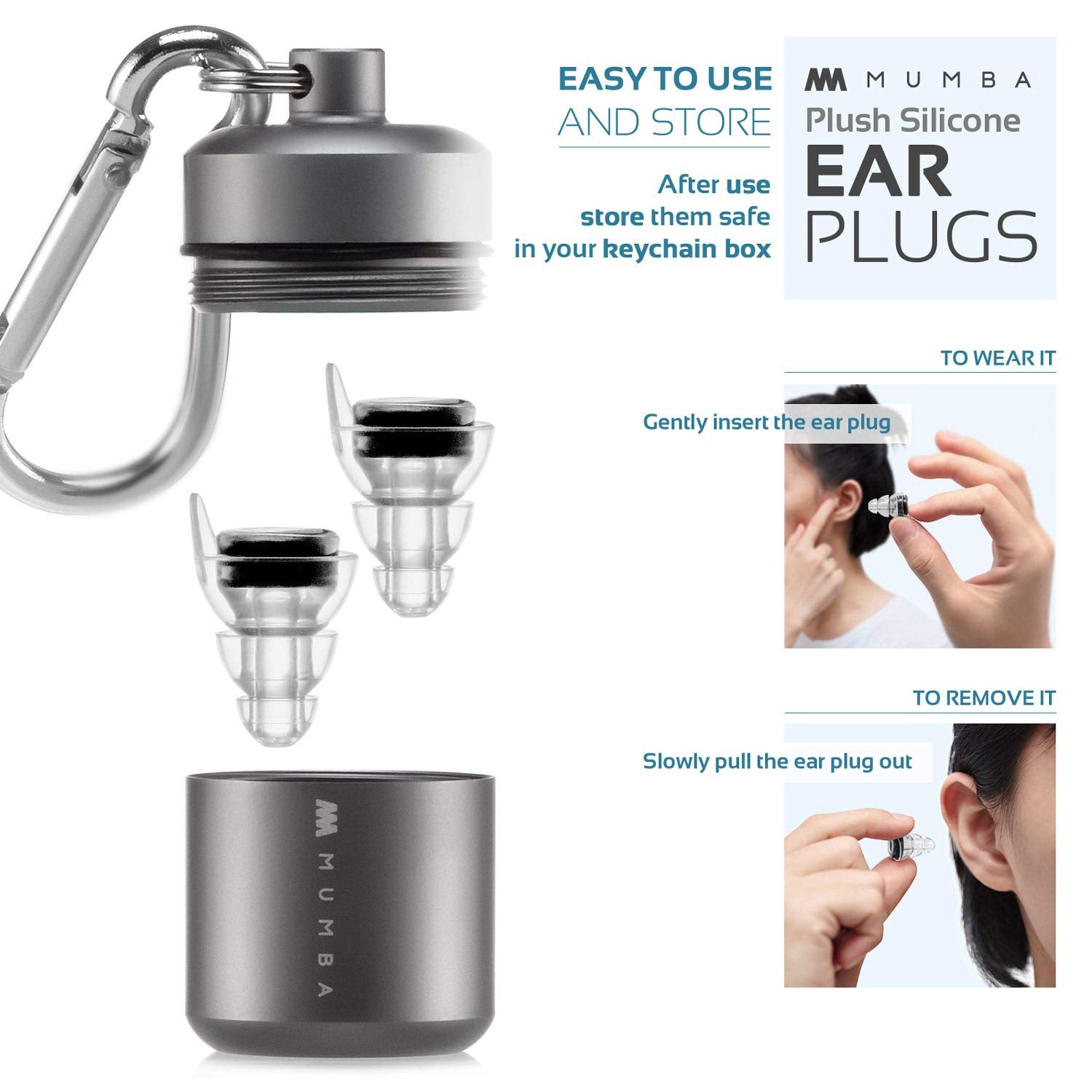 Mumba earplugs with aluminum container and carabiner on a keychain