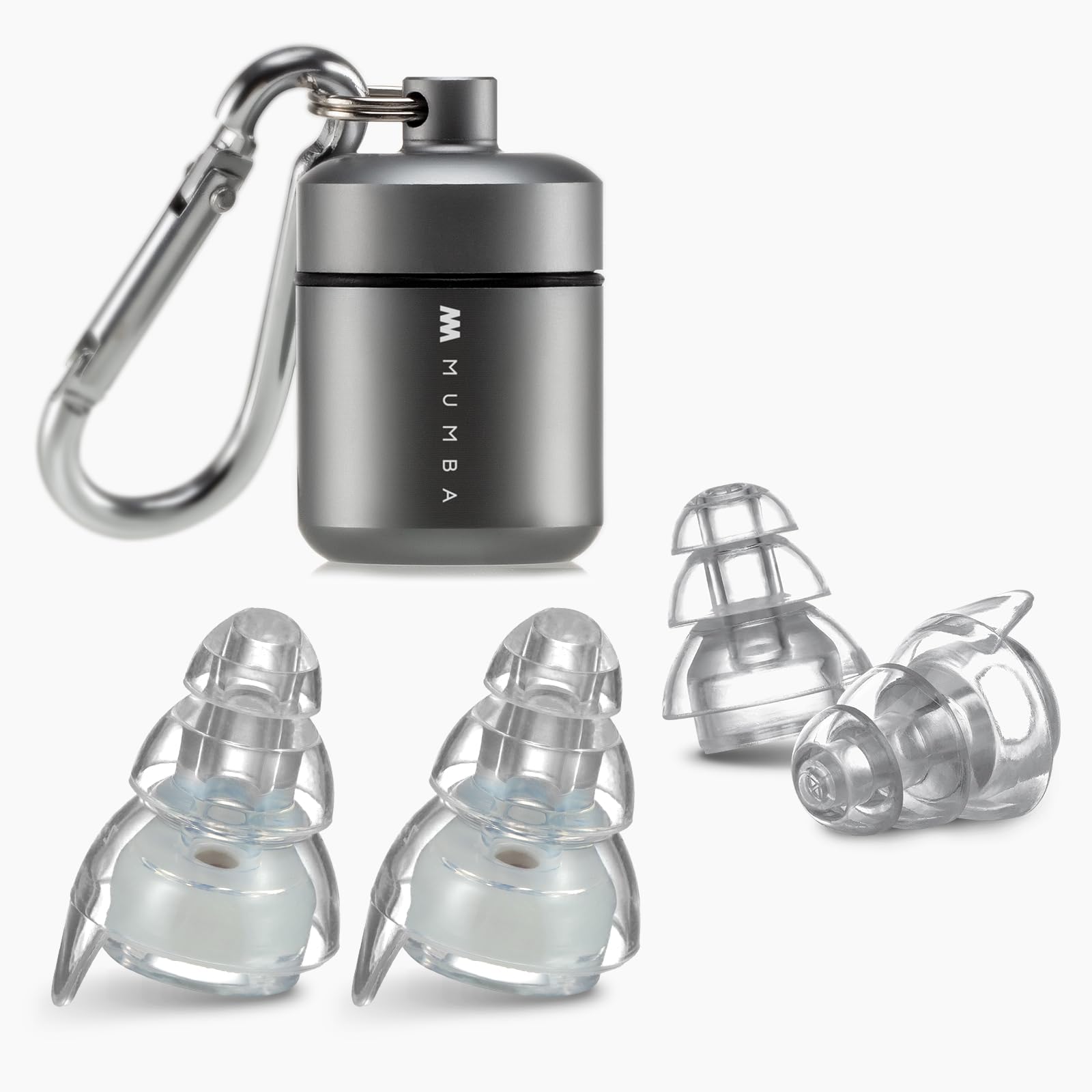 Mumba high-fidelity earplugs with a 24dB filter for pearl-white concert protection.