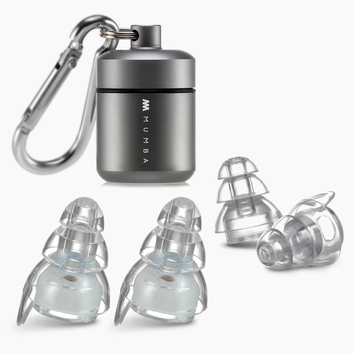 Mumba high-fidelity earplugs with a 24dB filter for pearl-white concert protection.
