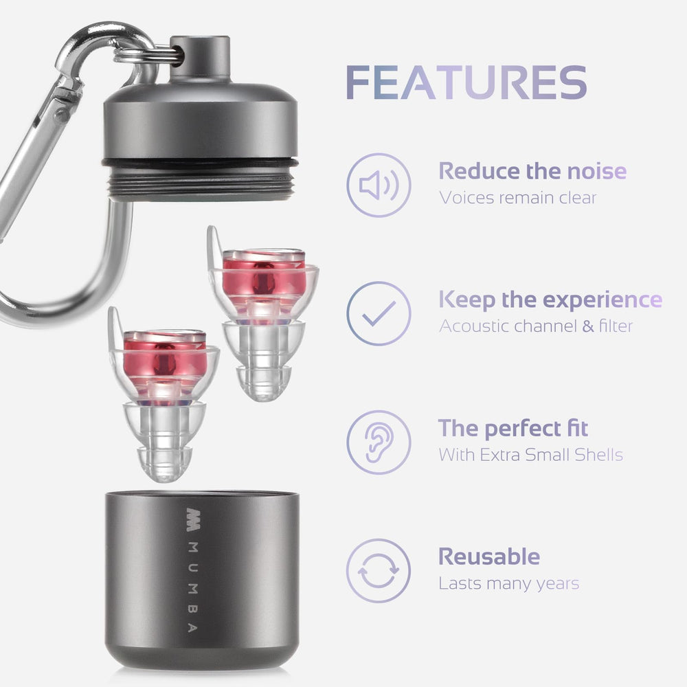 Aluminum container with carabiner keeps Mumba earplugs portable on a keychain