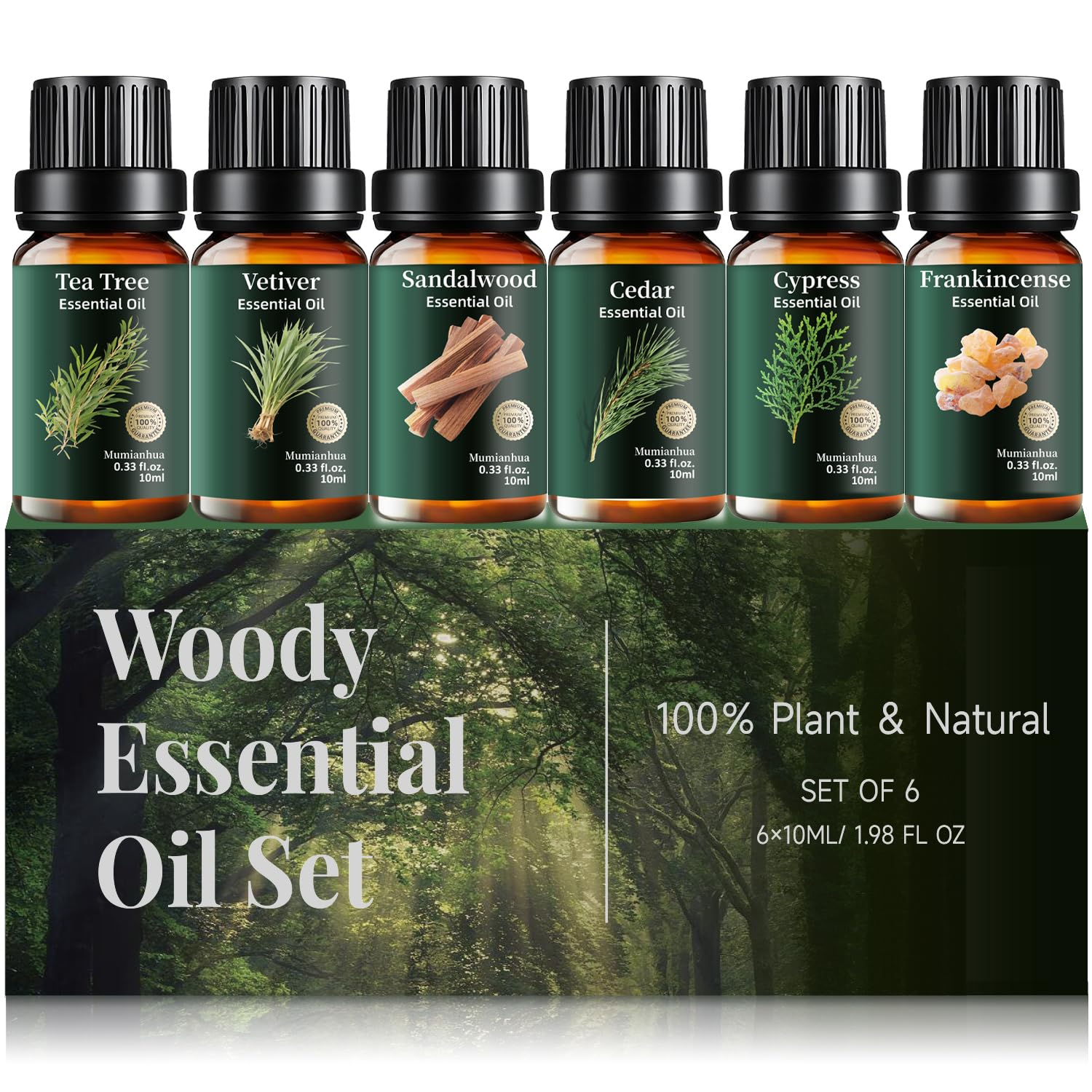 Mumianhua six-pack woody oils set packaging ideal for diffusing and gifting.